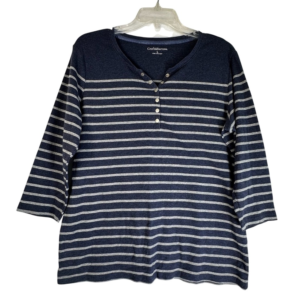 Croft & Barrow Womens Large Navy Blue Gray Striped 3/4 Sleeve Henley Top Shirt